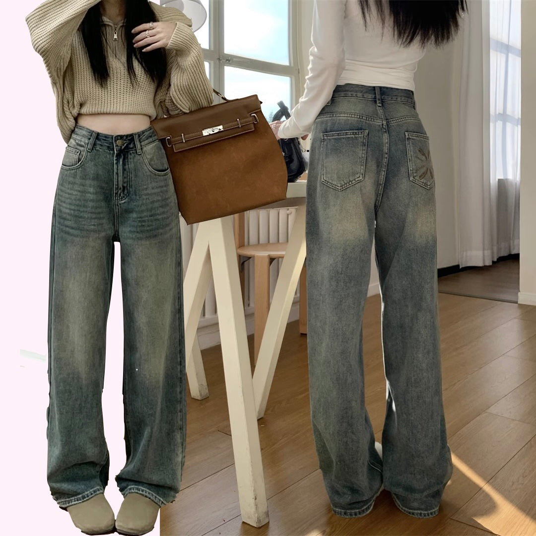 デニムパンツ レディース 韓国 ファッション ユーズド加工 ワイドシルエット ポケット刺繍 ジーンズ