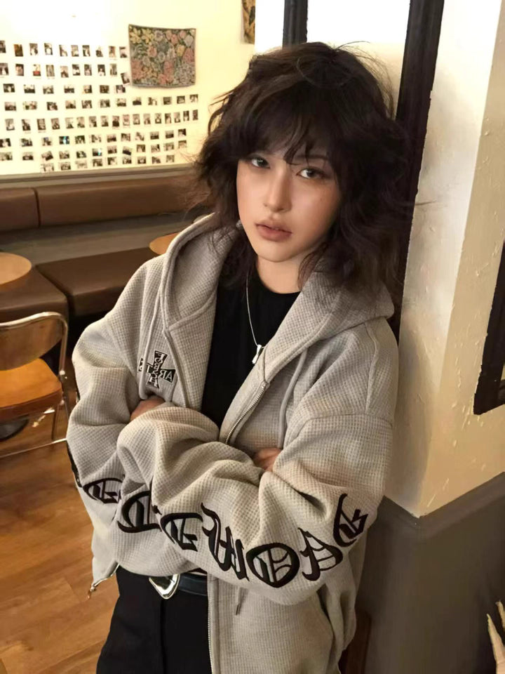 ワッフル ジップパーカー 韓国 ファッション レディース フードロゴ オーバーサイズ パーカー