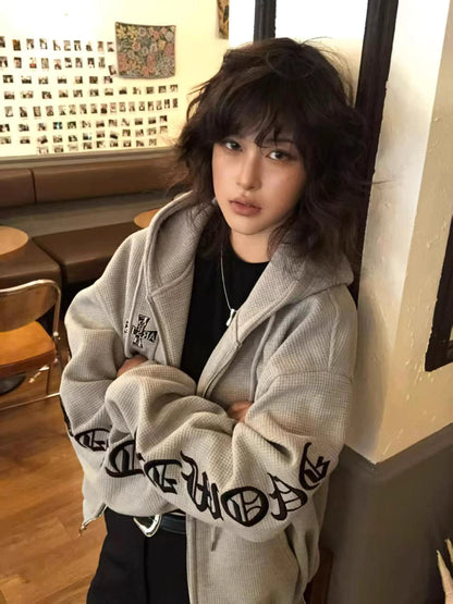 ワッフル ジップパーカー 韓国 ファッション レディース フードロゴ オーバーサイズ パーカー