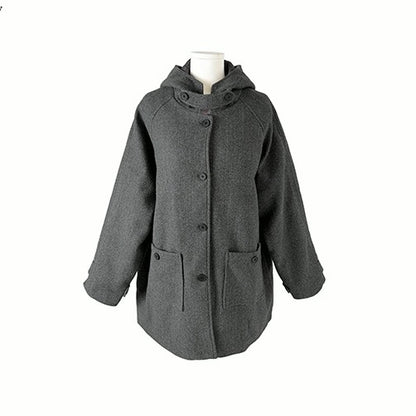 レトロ フード ミドルコート シングルボタン 無地 フード付きウールコート レディース 2025冬 新作 ミドル丈