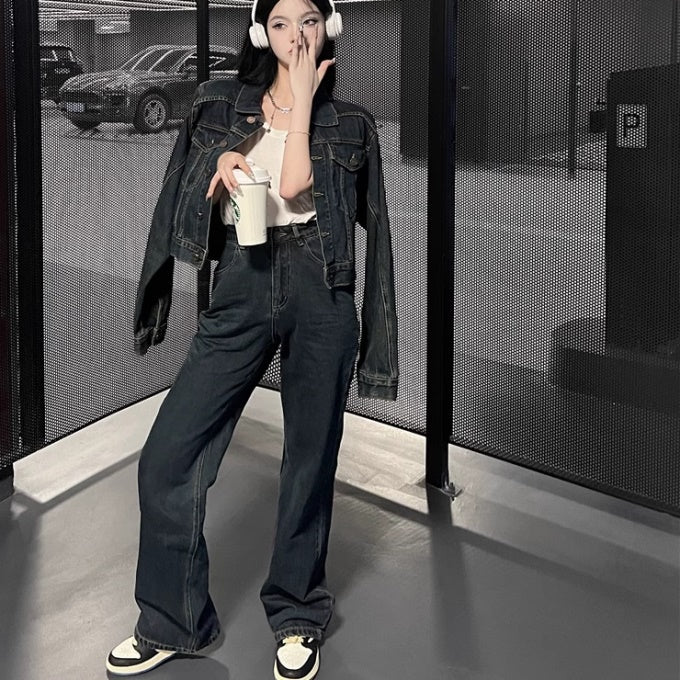 デニム セットアップ レディース 韓国 ファッション ベーシック レギュラーフィット デニムジャケット & パンツ 上下セット