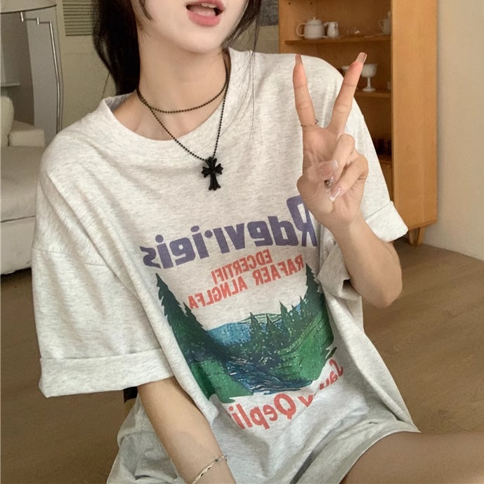 Tシャツ レディース プリント グラフィック T 韓国 ファッション 半袖 夏トップス ビッグシルエット