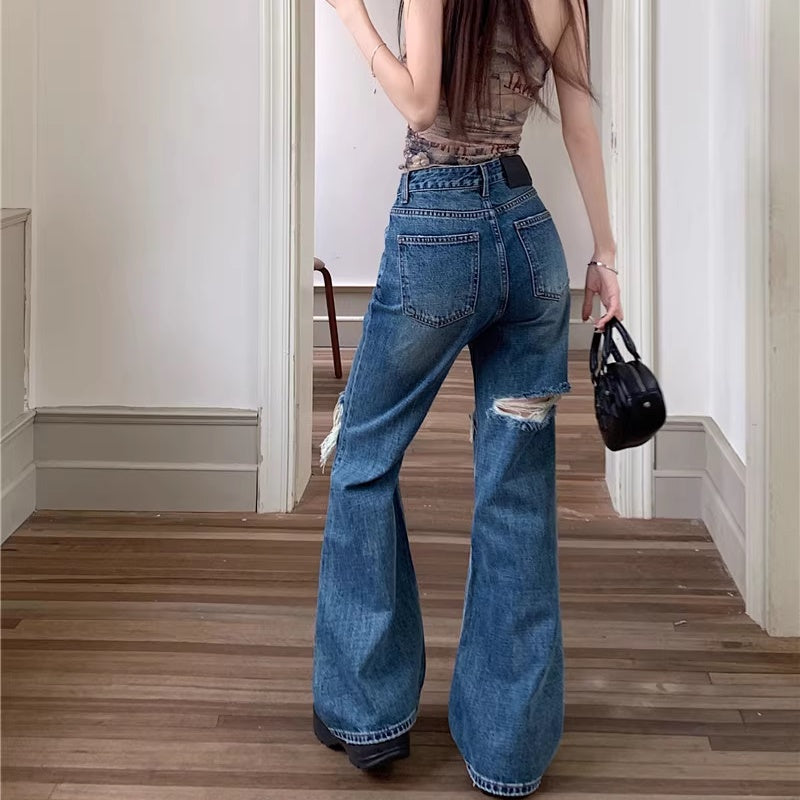 クラッシュ デニムパンツ レディース ダメージ加工 フレア ジーンズ