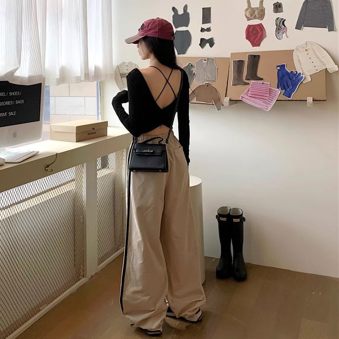 ライン ナイロンパンツ レディース 韓国 ファッション サイドライン パラシュート パンツ ワイド