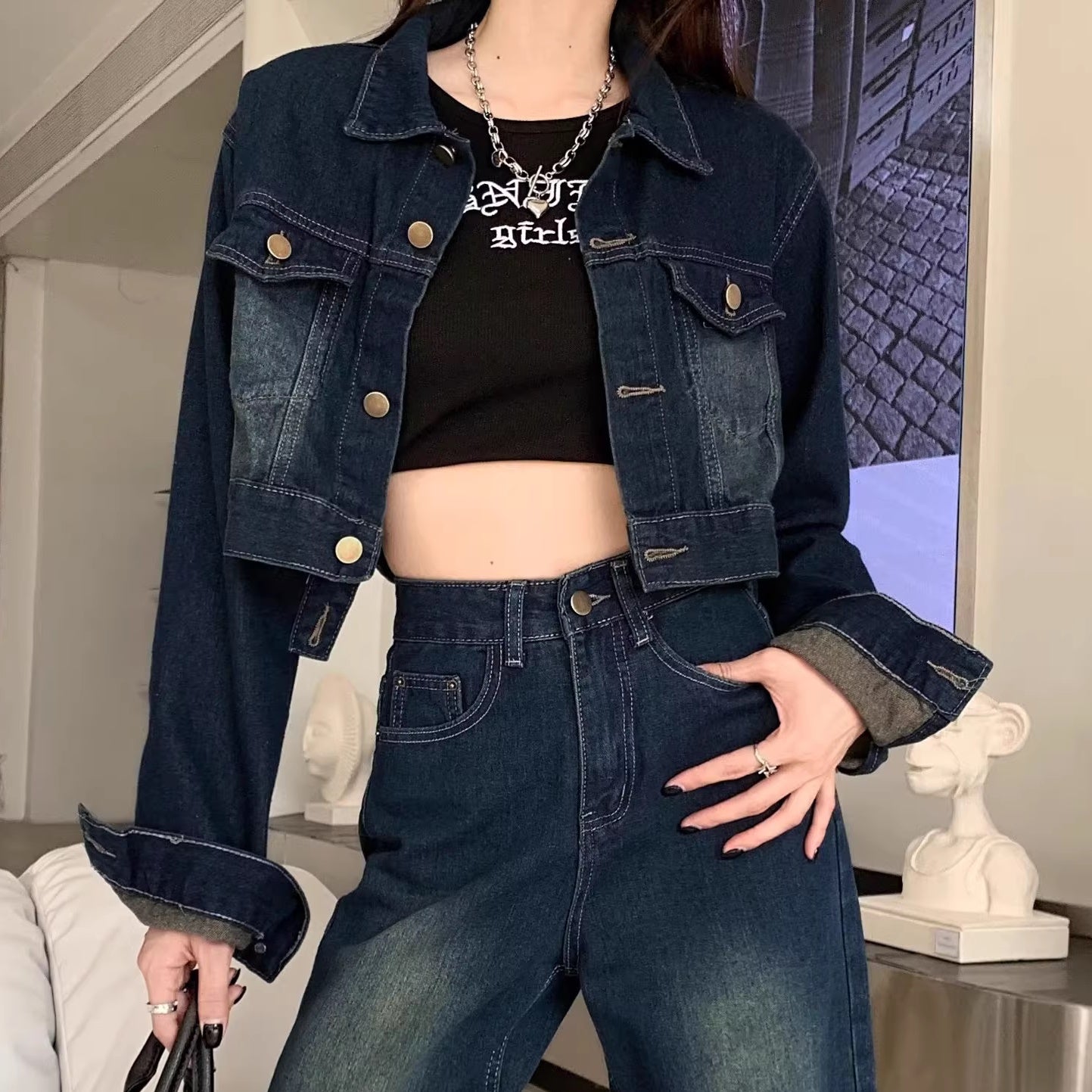 デニムセットアップ レディース クロップド デニムジャケット ワイドパンツ 上下セット 韓国 ファッション DENIM セット