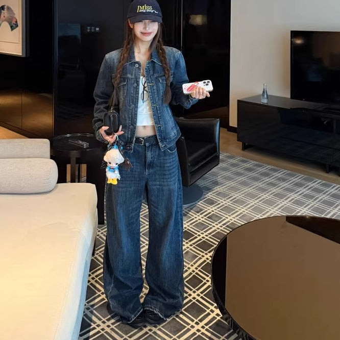 デニム セットアップ レディース 韓国 ファッション Gジャン デニムパンツ デニムジャケット  インディゴ レトロ ユーズド加工 ダメージ ジーンズ 上下セット