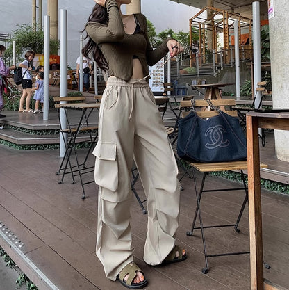 カーゴパンツ レディース 韓国 ファッション サイドポケット ゆったり ワイドパンツ ウエストゴム