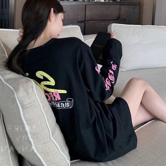 サブカル ロゴ プリント ロンT レディース 韓国 ファッション ストリート 袖ロゴ バックプリント オーバーサイズ ロングTシャツ
