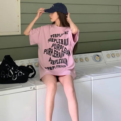 グラフィック Tシャツ レディース 韓国 ファッション メッセージ ロゴ プリント ピンク ビッグシルエット オーバーサイズ 夏 トップス