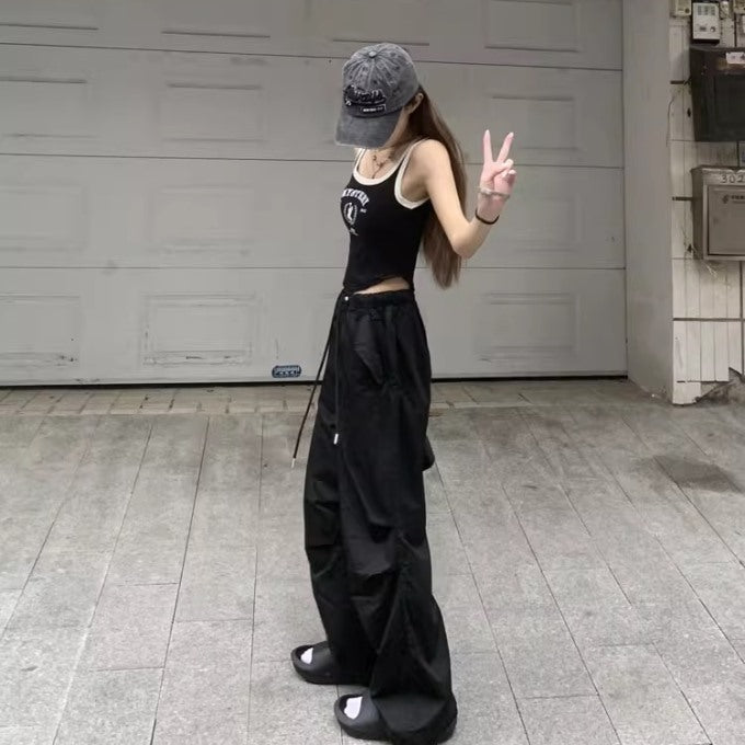 パラシュート パンツ 韓国 ナイロン ワイドパンツ レディース ファッション ワークパンツ ボリューム 白パンツ 黒パンツ 夏パンツ ボリュームボトム