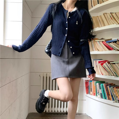 カーディガン レディース 韓国 ファッション ワンポイント ボタン ニット ノーカラー カーデ