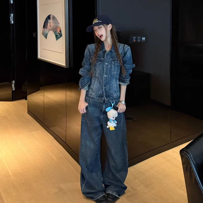 デニム セットアップ レディース 韓国 ファッション Gジャン デニムパンツ デニムジャケット  インディゴ レトロ ユーズド加工 ダメージ ジーンズ 上下セット