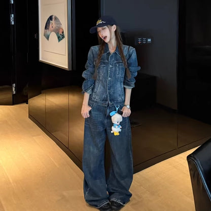 デニム セットアップ レディース 韓国 ファッション Gジャン デニムパンツ デニムジャケット  インディゴ レトロ ユーズド加工 ダメージ ジーンズ 上下セット