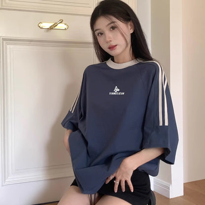 オーバーサイズ ライン Ｔシャツ レディース 韓国 ファッション スポーティー 袖ライン ロゴ リンガー T