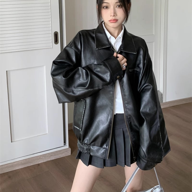 エコレザー セットアップ レディース 韓国 ファッション フェイクレザージャケット プリーツ ミニスカート 上下セット