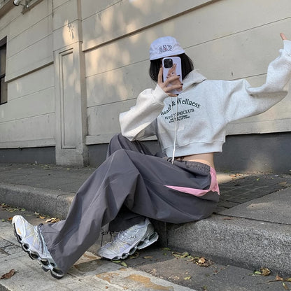 ナイロン ジャージパンツ レディース 韓国 ファッション ストリート スポーティ ワイドパンツ カラーブロック