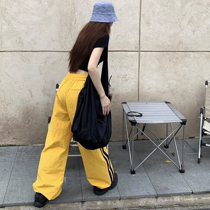 ライン パラシュートパンツ レディース 韓国 ファッション ワイド ナイロンパンツ サイドライン シャカシャカ パンツ