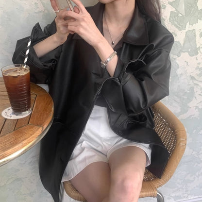 フェイクレザー ブルゾン レディース 韓国 ファッション エコレザー ロングジャケット オーバーサイズ 春 アウター