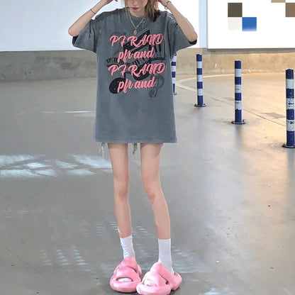 グラフィック Tシャツ レディース 韓国 ファッション ビッグシルエット  コットン T ロゴ プリント オーバーサイズ 夏トップス