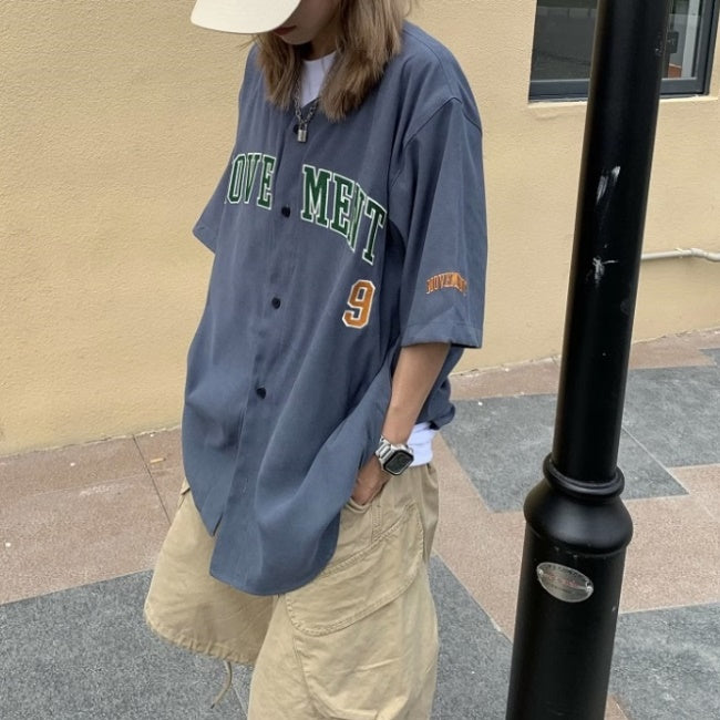 ベースボール シャツ 半袖 レディース 韓国 ストリート アメカジ メンズライク ロゴ ビッグシルエット シャツ – geeg