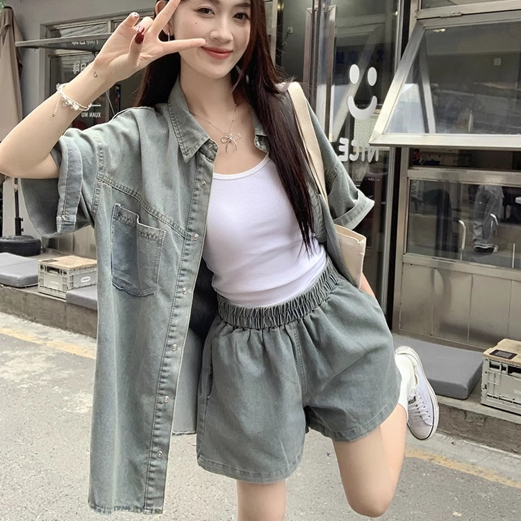 デニム セットアップ レディース 韓国 ファッション 夏 半袖 シャツ ハーフパンツ デニム上下セット