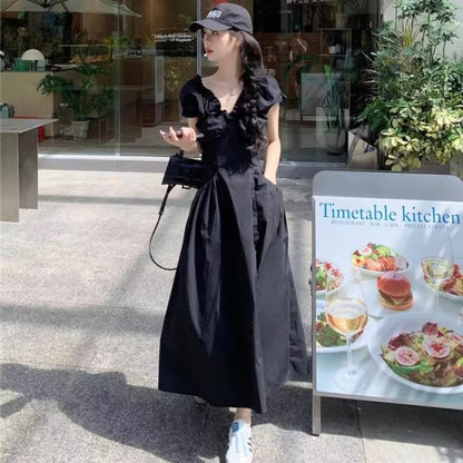ワンピース  韓国 Vネック レディース 韓国 ファッション フレンチスリーブ フリル 黒 ロングワンピース 夏