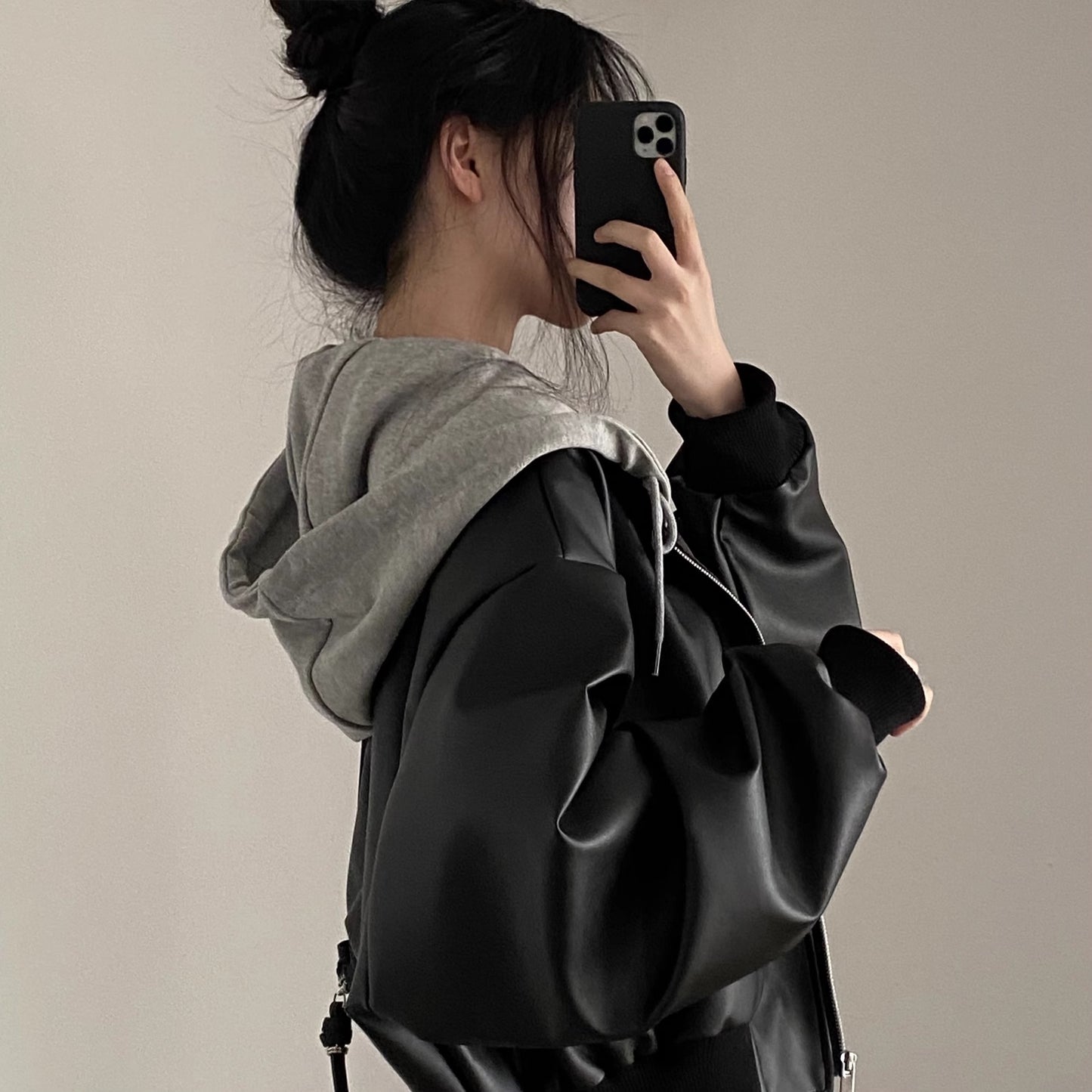 フェイクレザー フード ドッキング ジャケット レディース 韓国 ファッション エコレザー ジャケット