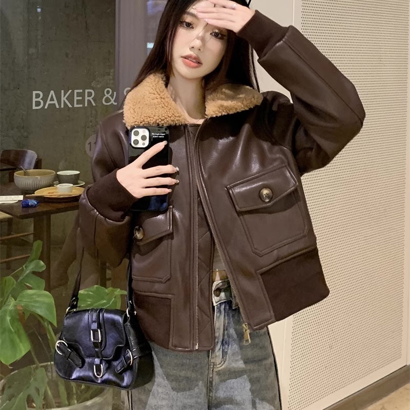 フェイクレザー ジャケット 襟ボア レディース 韓国 ファッション ジップジャケット エコレザー ボアブルゾン