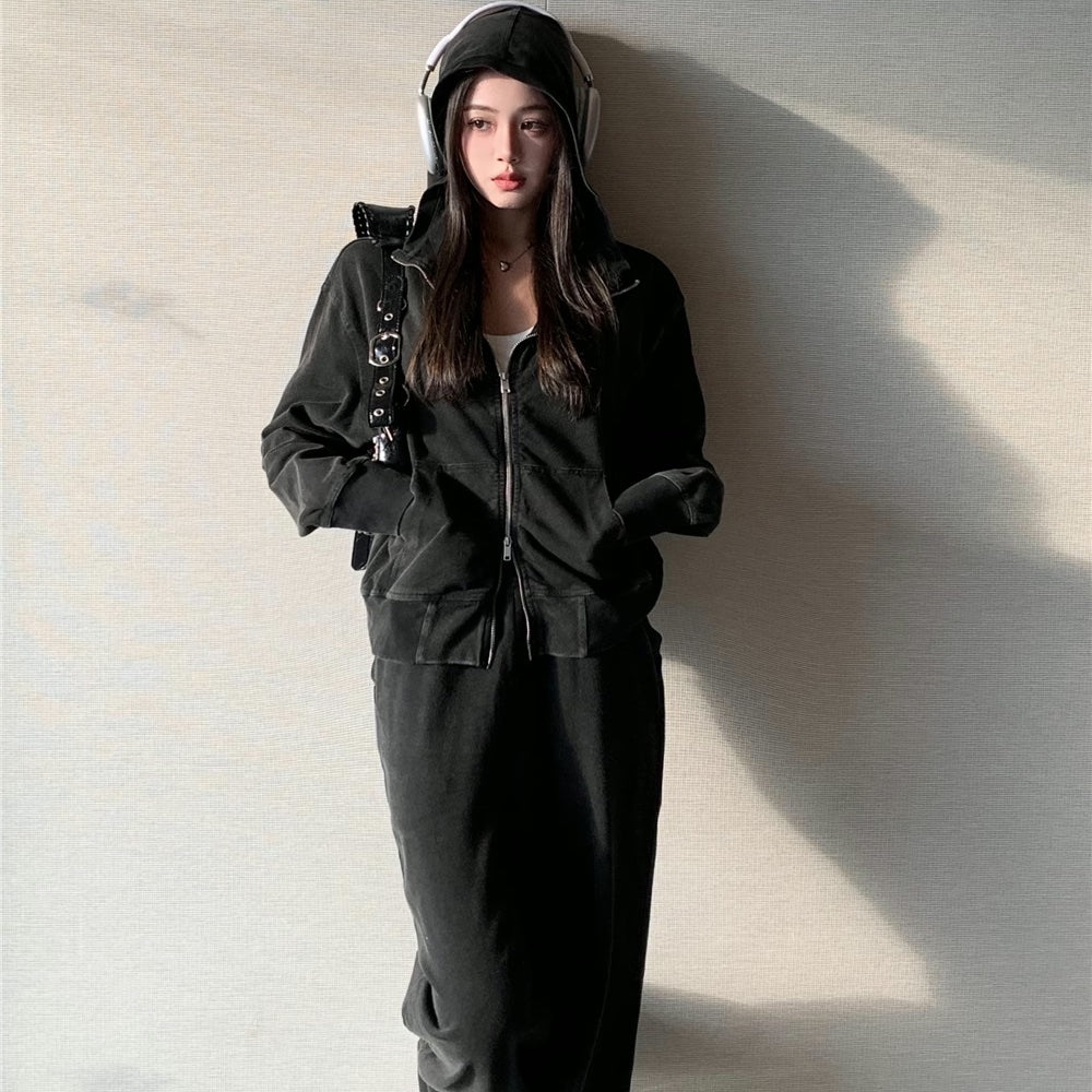 スウェットセットアップ レディース 韓国 ファッション ダブルジップ パーカー スウェットパンツ アッシュブラック ダメージ加工