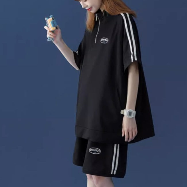 ハーフジップ ジャージ セットアップ レディース 韓国 サイドライン Tシャツ ハーフパンツ 上下セット