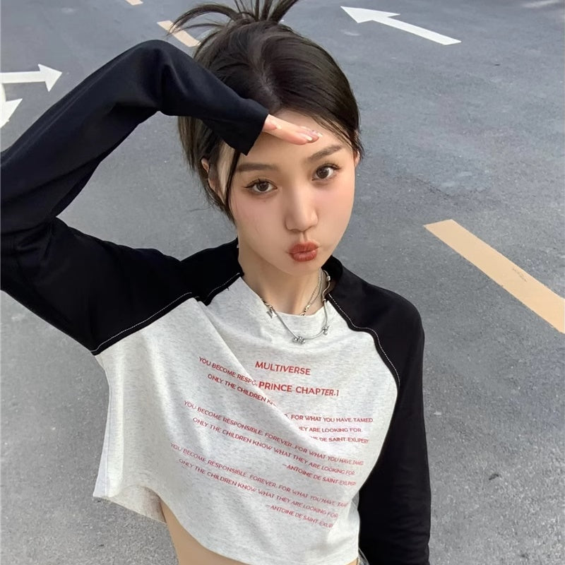 クロップド ロンT レディース 韓国 ファッション ロゴ ラグラン ロングTシャツ ショート丈 トップス