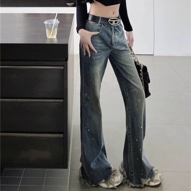 フレア デニムパンツ レディース 韓国 ファッション ダメージ加工 ブーツカットデニム