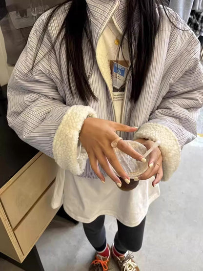 ボア ブルゾン レディース 韓国 ファッション ストライプ チェック 裏ボア オーバーサイズ スタンドネック ジャケット