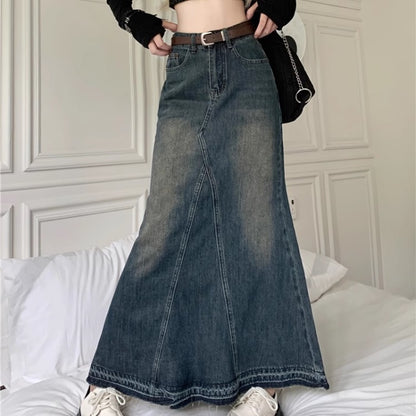 デニム マーメイド ロングスカート 韓国 ファッション レディース フレア ヴィンテージ加工 デニムスカート