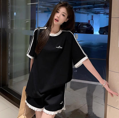 セットアップ レディース Ｔシャツ ハーフパンツ 上下セット 韓国 ファッション ロゴ オーバーサイズ ラインTシャツ ライン ショートパンツ 上下セット