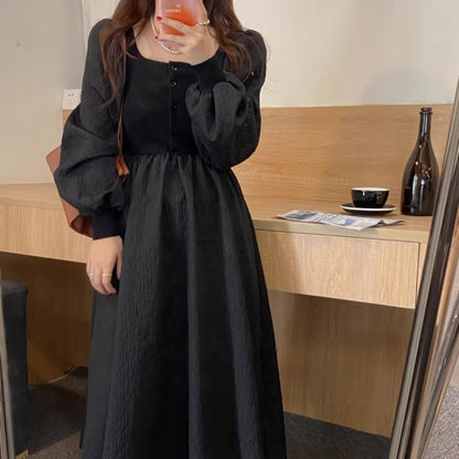 秋冬 ロングワンピース 韓国 ファッション お呼ばれ 異素材 ドッキング 黒ワンピ フレア ワンピ