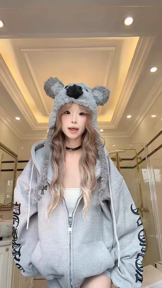 ワッフル ジップパーカー 韓国 ファッション レディース フードロゴ オーバーサイズ パーカー