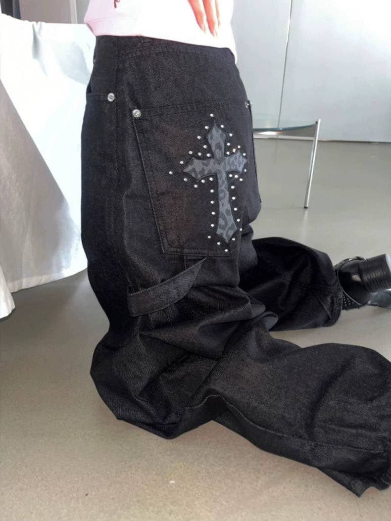 ワイド デニムパンツ レディース レオパード クロス 刺繍 装飾 ブラック デニム 韓国 ファッション ストリート ジーンズ