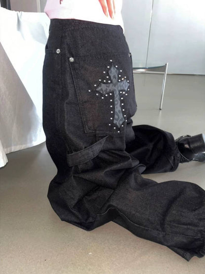 ワイド デニムパンツ レディース レオパード クロス 刺繍 装飾 ブラック デニム 韓国 ファッション ストリート ジーンズ