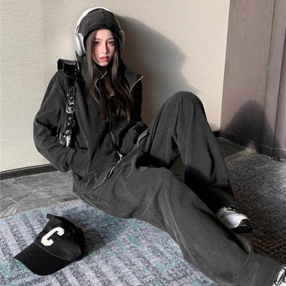 スウェットセットアップ レディース 韓国 ファッション ダブルジップ パーカー スウェットパンツ アッシュブラック ダメージ加工