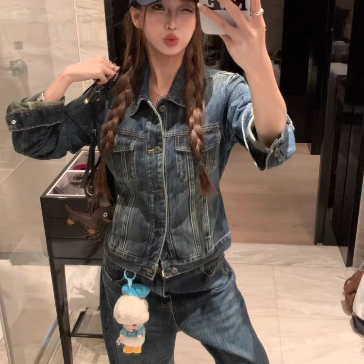 デニム セットアップ レディース 韓国 ファッション Gジャン デニムパンツ デニムジャケット  インディゴ レトロ ユーズド加工 ダメージ ジーンズ 上下セット