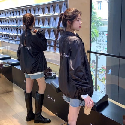 ナイロンジャケット レディース 韓国 ファッション バックロゴ オーバーサイズ ジップジャケット