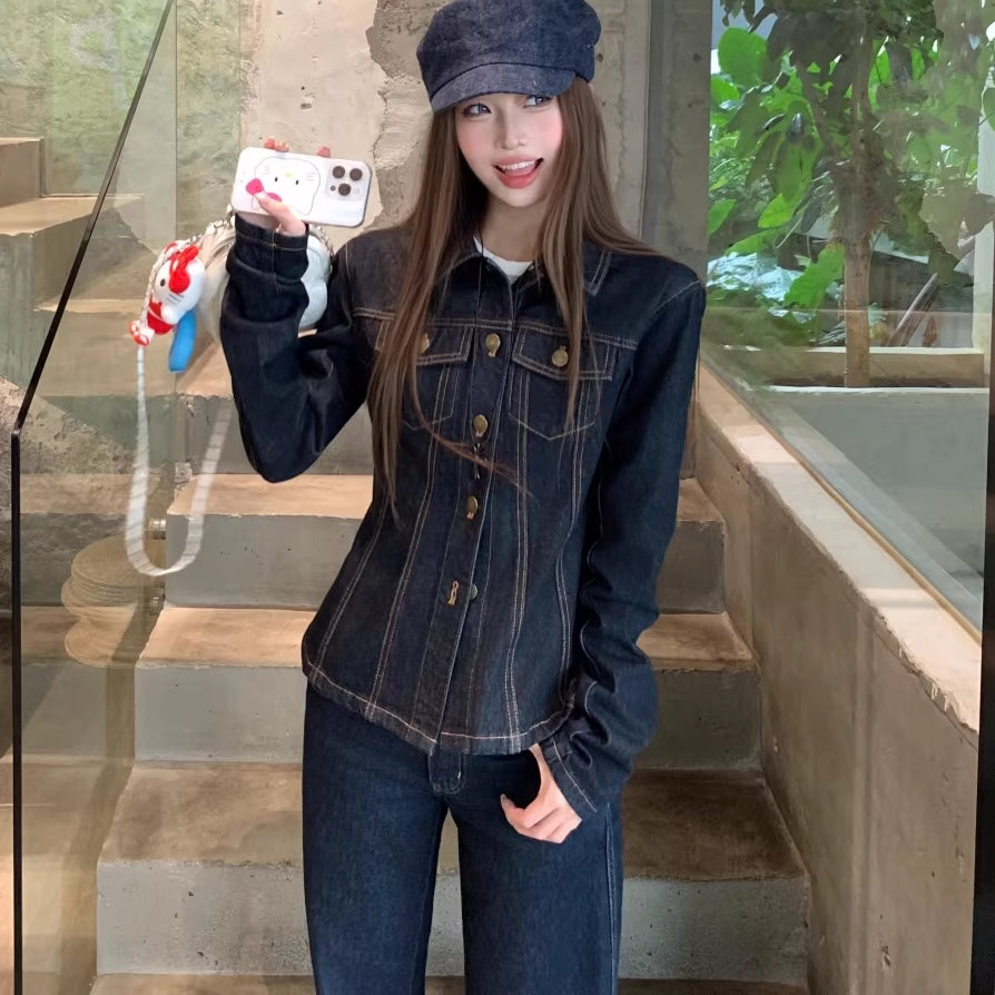 デニム セットアップ レディース インディゴデニム 韓国 ファッション タイト Gジャン フレア デニムパンツ セット