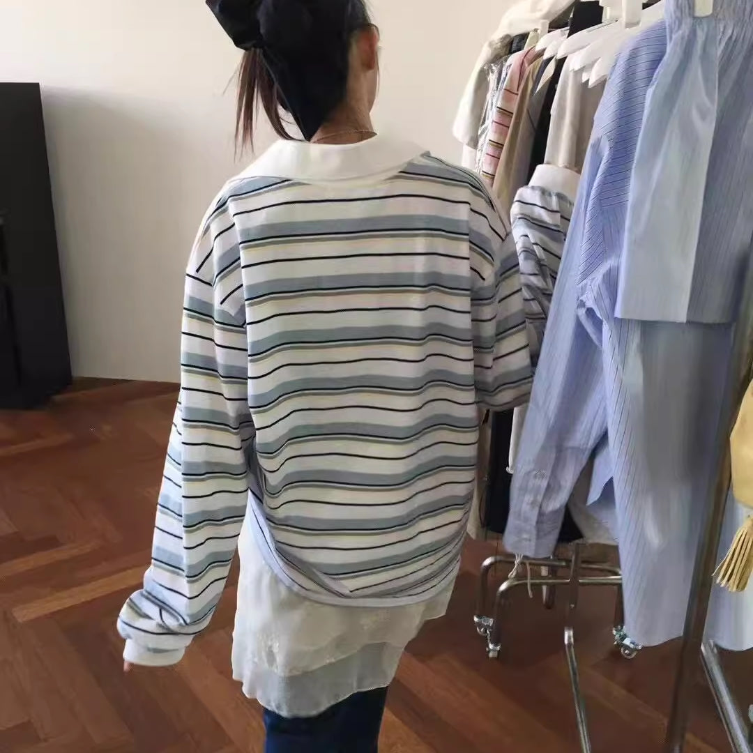 ボーダー ポロシャツ 長袖 レディース 韓国 ファッション マルチボーダー ラガーシャツ カットソー 長T 秋トップス ロゴ ワンポイント