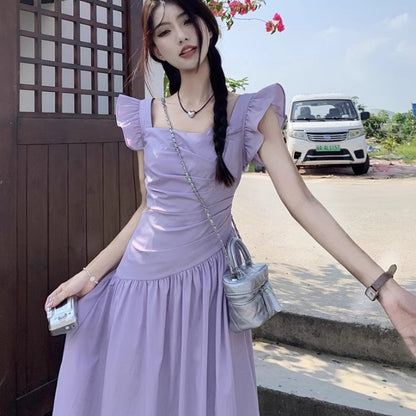 ワンピース ノースリーブ レディース 韓国 ファッション 夏ワンピ スクエアネック 肩フリル ロング フレア Aライン 白ワンピ