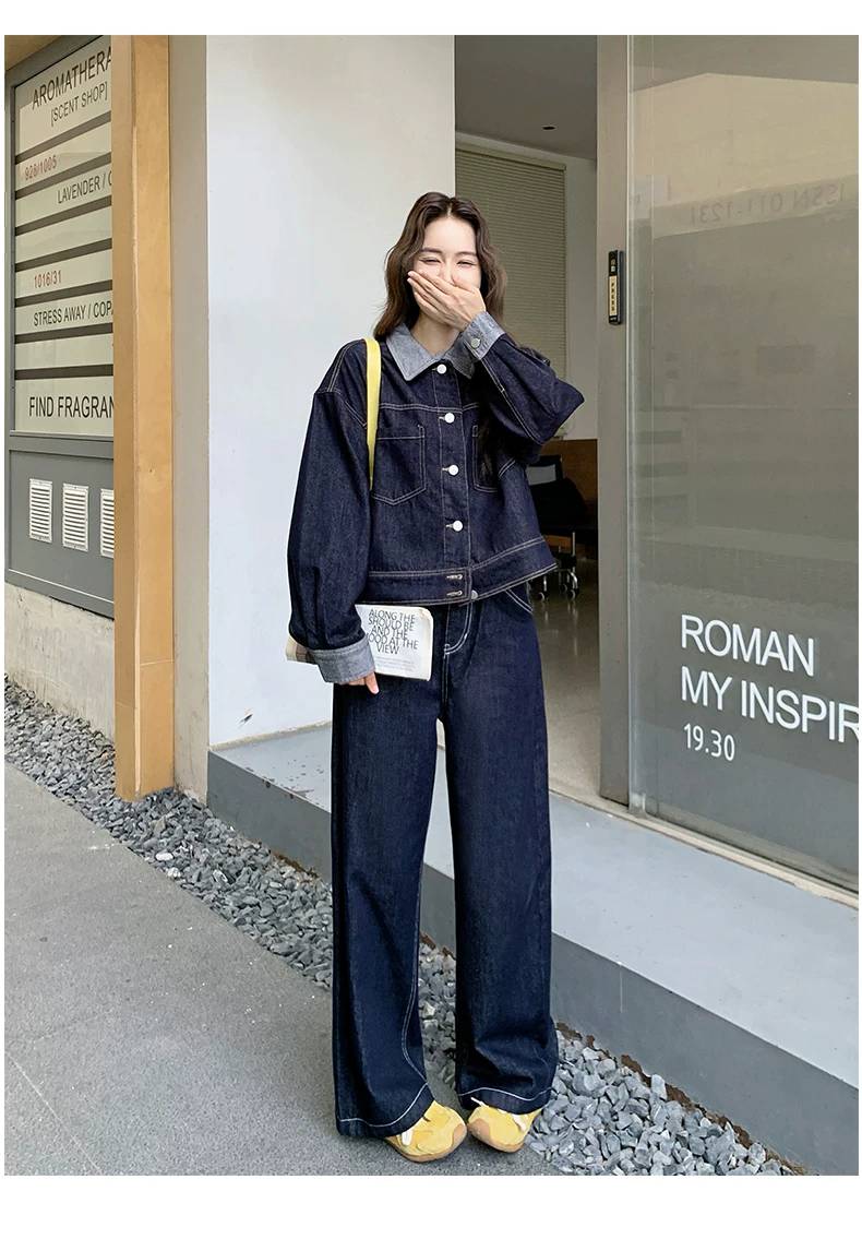 デニム セットアップ レディース 韓国 ファッション オーバーサイズ デニム ジャケット ワイドパンツ上下セット