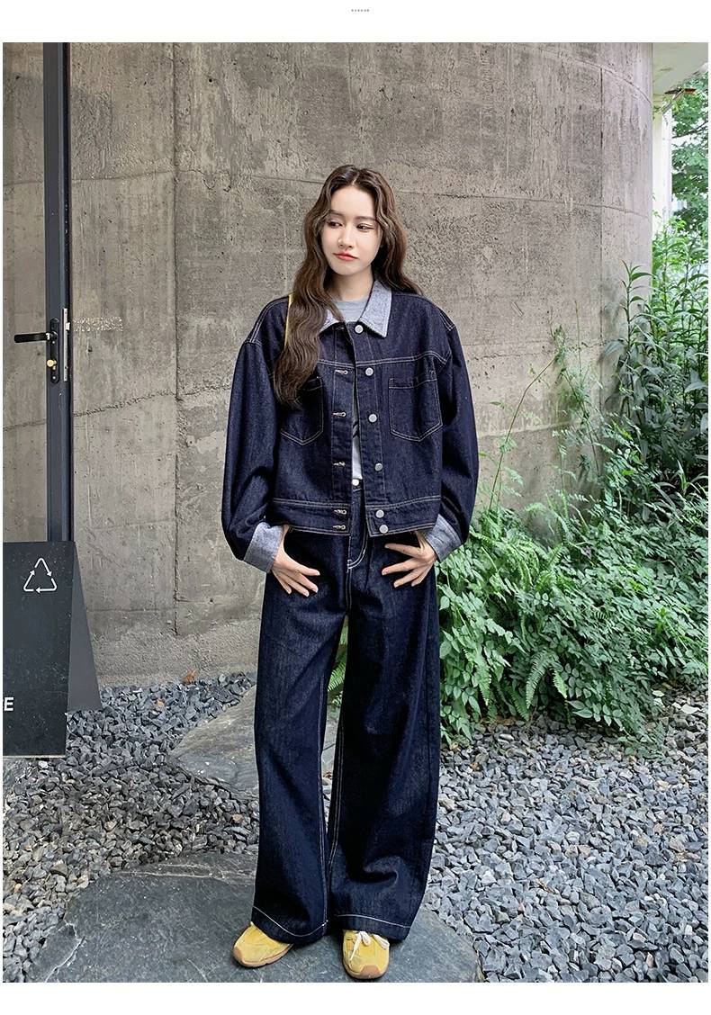 デニム セットアップ レディース 韓国 ファッション オーバーサイズ デニム ジャケット ワイドパンツ上下セット