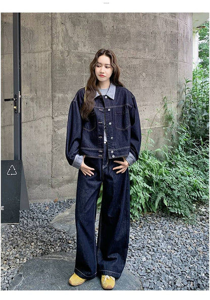 デニム セットアップ レディース 韓国 ファッション オーバーサイズ デニム ジャケット ワイドパンツ上下セット