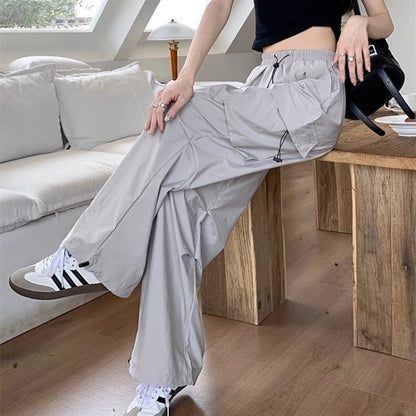 ナイロン パラシュート カーゴパンツ レディース 韓国 ファッション サイドポケット ドローコード ワイドパンツ