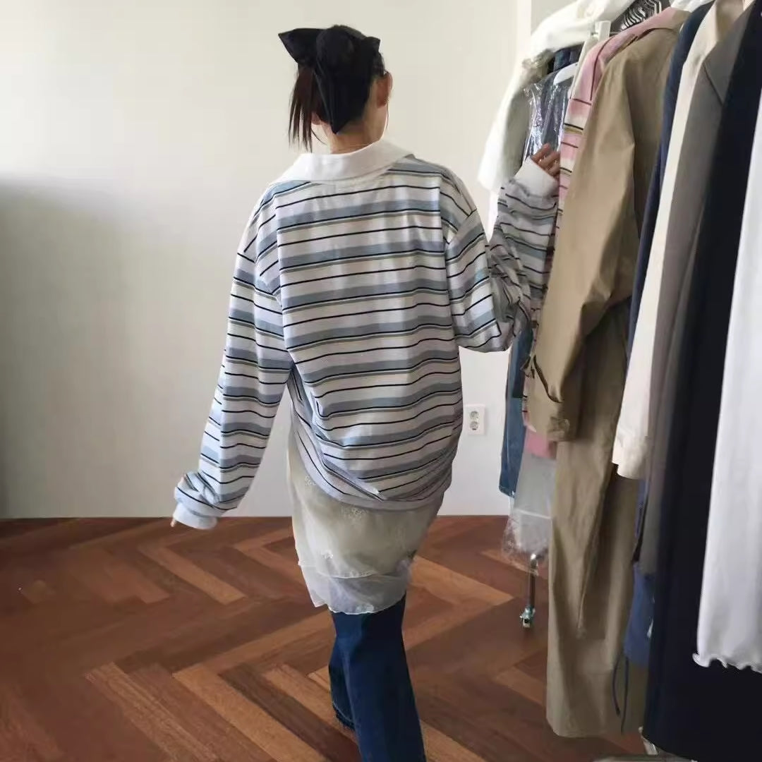 ボーダー ポロシャツ 長袖 レディース 韓国 ファッション マルチボーダー ラガーシャツ カットソー 長T 秋トップス ロゴ ワンポイント